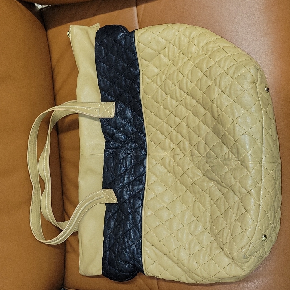 CLEVER Carriage Company Quilted Black and Tan Leather Tote Bag